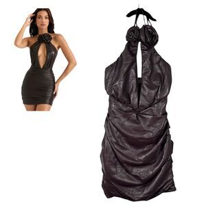 House of CB Olivia Vegan Leather Mini Dress Bitter Chocolate Rosette Small